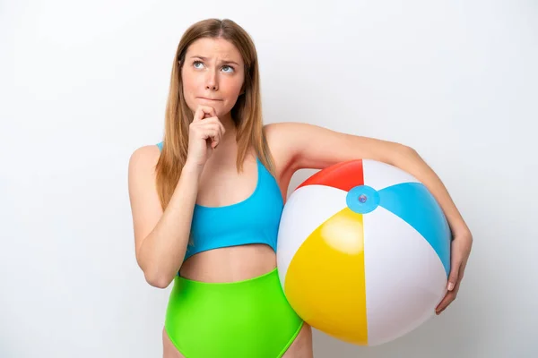 Young Woman Holding Beach Ball Holidays Isolated White Background Having — Stok fotoğraf
