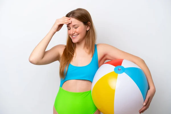 Young Woman Holding Beach Ball Holidays Isolated White Background Has — 스톡 사진