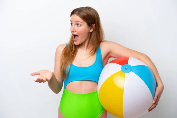 Young Woman Holding Beach Ball Holidays Isolated White Background Surprise — Stockfoto