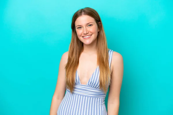Young Woman Isolated Blue Background Swimsuit Summer Holidays — 스톡 사진