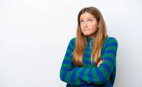 Junge Kaukasische Frau Isoliert Auf Weißem Hintergrund Macht Zweifel Geste — Stockfoto