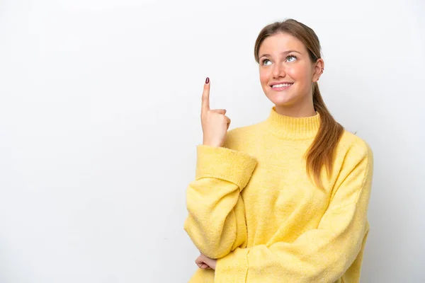 Joven Mujer Caucásica Aislada Sobre Fondo Blanco Señalando Una Gran — Foto de Stock