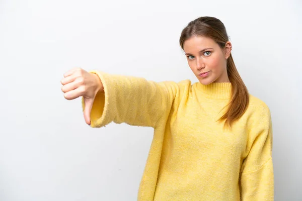 Jeune Femme Caucasienne Isolée Sur Fond Blanc Montrant Pouce Vers — Photo