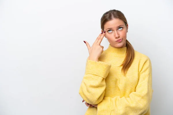 Junge Kaukasische Frau Isoliert Auf Weißem Hintergrund Mit Selbstmordgeste — Stockfoto