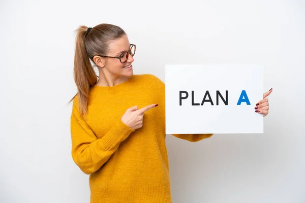 Young Caucasian Woman Isolated White Background Holding Placard Message Plan — Photo