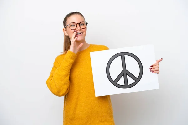 Young Caucasian Woman Isolated White Background Holding Placard Peace Symbol — Foto de Stock