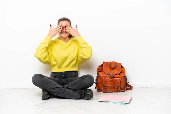 Young Student Caucasian Woman Sitting One Floor Isolated White Background — Stockfoto