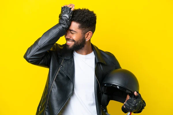 Young Brazilian Man Motorcycle Helmet Isolated Yellow Background Has Realized — Fotografia de Stock