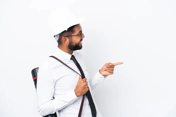 Young Architect Brazilian Man Helmet Holding Blueprints Isolated White Background — Zdjęcie stockowe