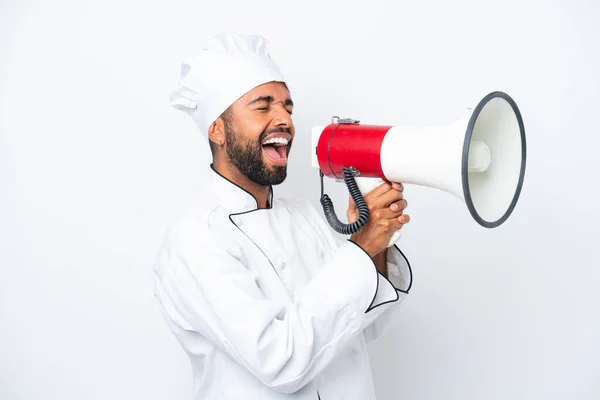 Young Brazilian Chef Man Isolated White Background Shouting Megaphone — Stockfoto