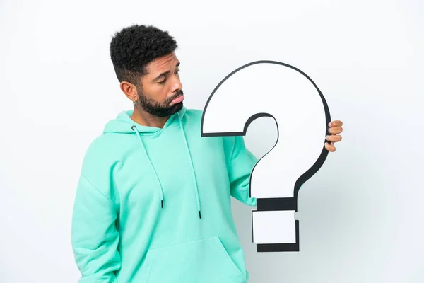 Young Brazilian Man Isolated White Background Holding Question Mark Icon — 스톡 사진