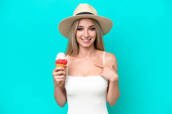 Blonde Woman Swimsuit Holding Ice Cream Isolated Blue Background Surprise — 스톡 사진