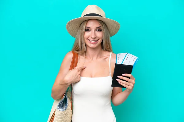 Blonde Woman Swimsuit Holding Passport Isolated Blue Background Surprise Facial — Stockfoto