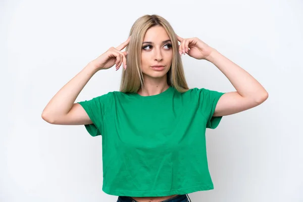 Pretty Blonde Woman Isolated White Background Having Doubts Thinking — Stockfoto