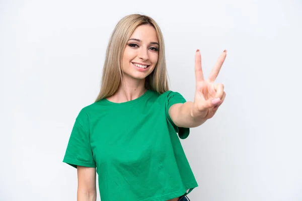 Pretty Blonde Woman Isolated White Background Smiling Showing Victory Sign — Foto de Stock