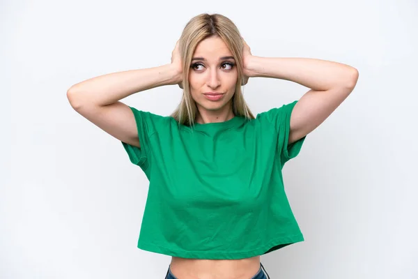 Pretty Blonde Woman Isolated White Background Frustrated Covering Ears —  Fotos de Stock