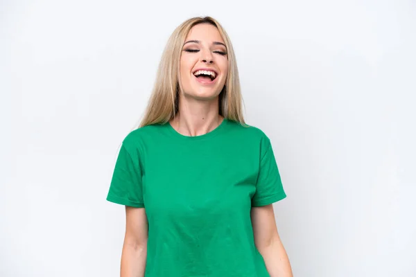 Mooie Blonde Vrouw Geïsoleerd Witte Achtergrond Lachen — Stockfoto