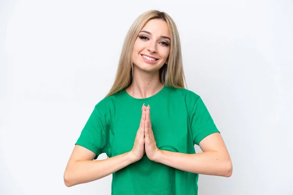 Pretty Blonde Woman Isolated White Background Keeps Palm Together Person — Foto Stock