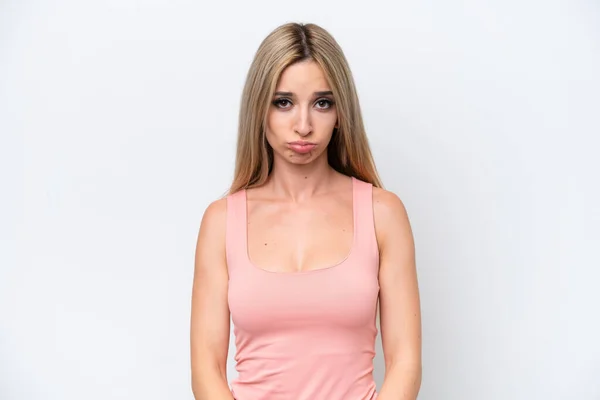 Pretty Blonde Woman Isolated White Background Sad Expression — 图库照片