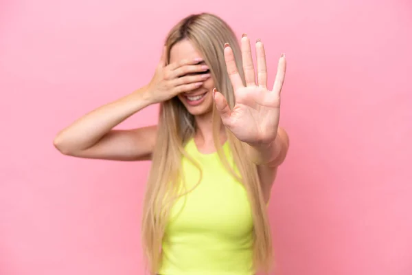 Pretty Blonde Woman Isolated Pink Background Making Stop Gesture Covering — Stok fotoğraf