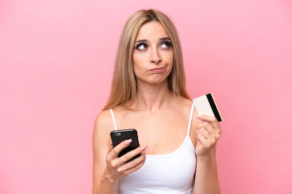 Pretty Blonde Woman Isolated Pink Background Buying Mobile Credit Card — Stock Photo, Image