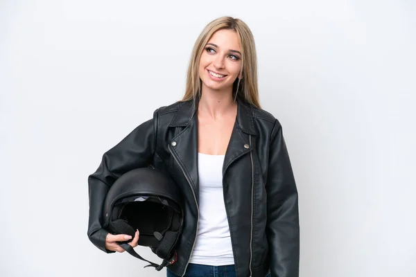 Pretty Blonde Woman Motorcycle Helmet Isolated White Background Thinking Idea — Φωτογραφία Αρχείου