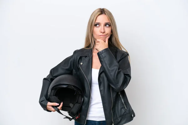 Pretty Blonde Woman Motorcycle Helmet Isolated White Background Having Doubts —  Fotos de Stock