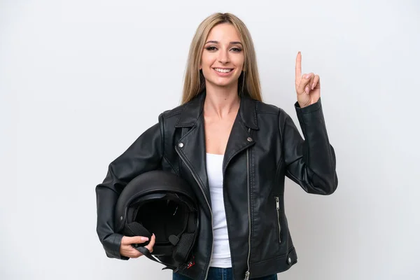 Pretty Blonde Woman Motorcycle Helmet Isolated White Background Pointing Great — Φωτογραφία Αρχείου