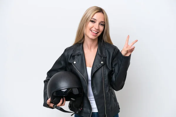 Pretty Blonde Woman Motorcycle Helmet Isolated White Background Smiling Showing — ストック写真