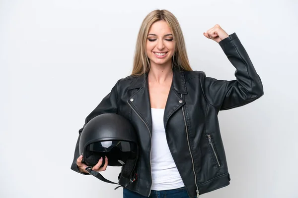 Pretty Blonde Woman Motorcycle Helmet Isolated White Background Doing Strong — Φωτογραφία Αρχείου