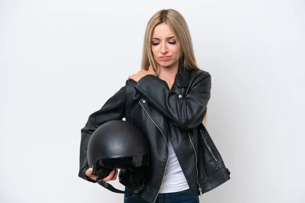 Pretty Blonde Woman Motorcycle Helmet Isolated White Background Suffering Pain — Foto de Stock