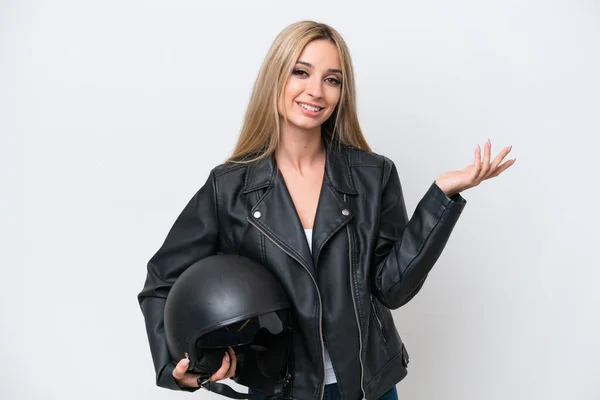 Pretty Blonde Woman Motorcycle Helmet Isolated White Background Extending Hands — ストック写真