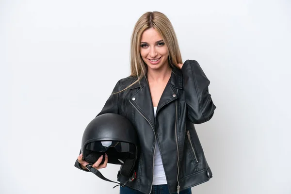 Pretty Blonde Woman Motorcycle Helmet Isolated White Background Laughing — Foto Stock