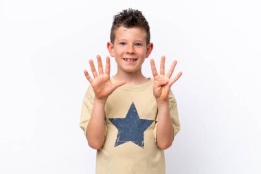 Little caucasian boy isolated on white background counting nine with fingers