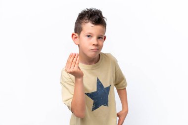 Little caucasian boy isolated on white background making Italian gesture