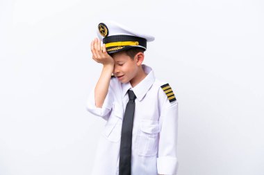 Little airplane pilot boy isolated on white background has realized something and intending the solution