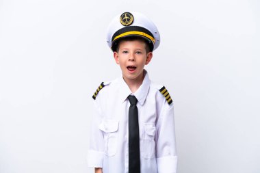 Little airplane pilot boy isolated on white background with surprise facial expression