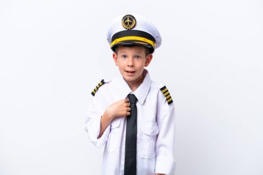 Little airplane pilot boy isolated on white background with surprise facial expression