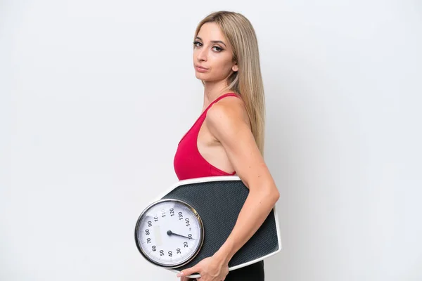 Pretty Blonde Woman Isolated White Background Weighing Machine — Foto de Stock