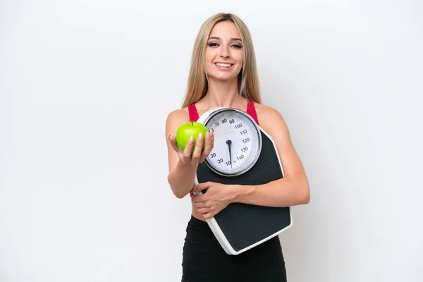Pretty Blonde Woman Isolated White Background Holding Weighing Machine Offering — Stock Fotó
