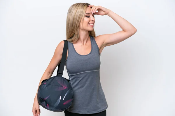 Jeune Femme Sportive Avec Sac Sport Isolé Sur Fond Blanc — Photo