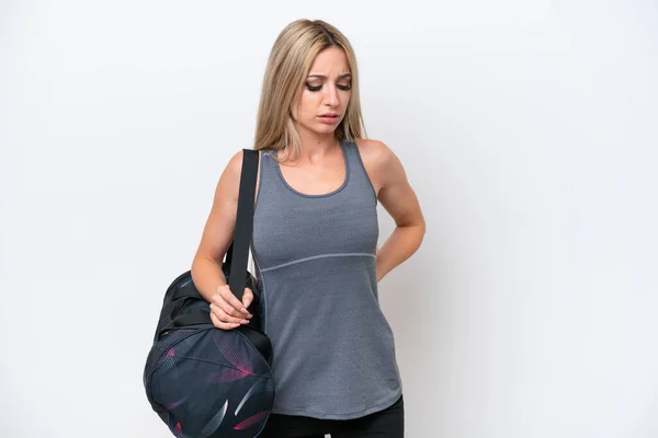Young Sport Woman Sport Bag Isolated White Background Suffering Backache — Stock Fotó