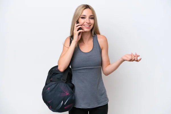 Young Sport Woman Sport Bag Isolated White Background Keeping Conversation — Stok fotoğraf