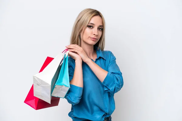 Pretty Blonde Woman Isolated White Background Holding Shopping Bags — Stockfoto
