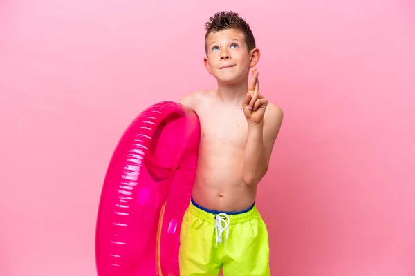 Little Caucasian Boy Holding Inflatable Donut Isolated Pink Background Fingers —  Fotos de Stock