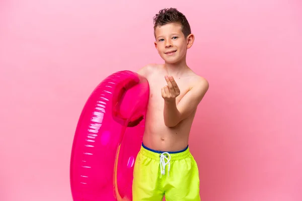 Little Caucasian Boy Holding Inflatable Donut Isolated Pink Background Making — Photo