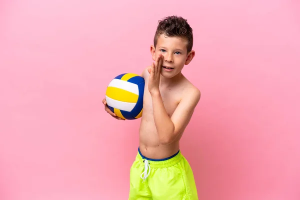 Little Caucasian Boy Playing Volleyball Isolated Pink Background Whispering Something — 스톡 사진