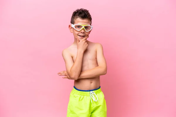 Little Caucasian Boy Wearing Diving Goggles Isolated Pink Background Happy — Photo