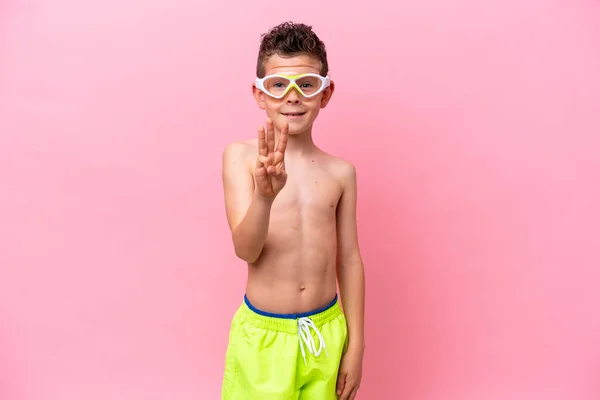 Little Caucasian Boy Wearing Diving Goggles Isolated Pink Background Happy — Photo