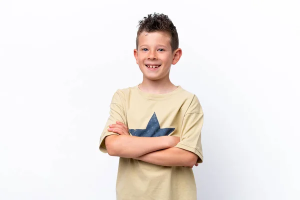 Little Caucasian Boy Isolated White Background Keeping Arms Crossed Frontal — ストック写真